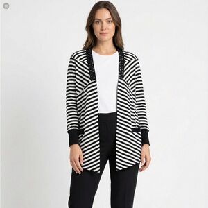 CITY GIRL x Nancy Bolen Stripe Cotton Jersey Knit Embellished Open Front Cardi